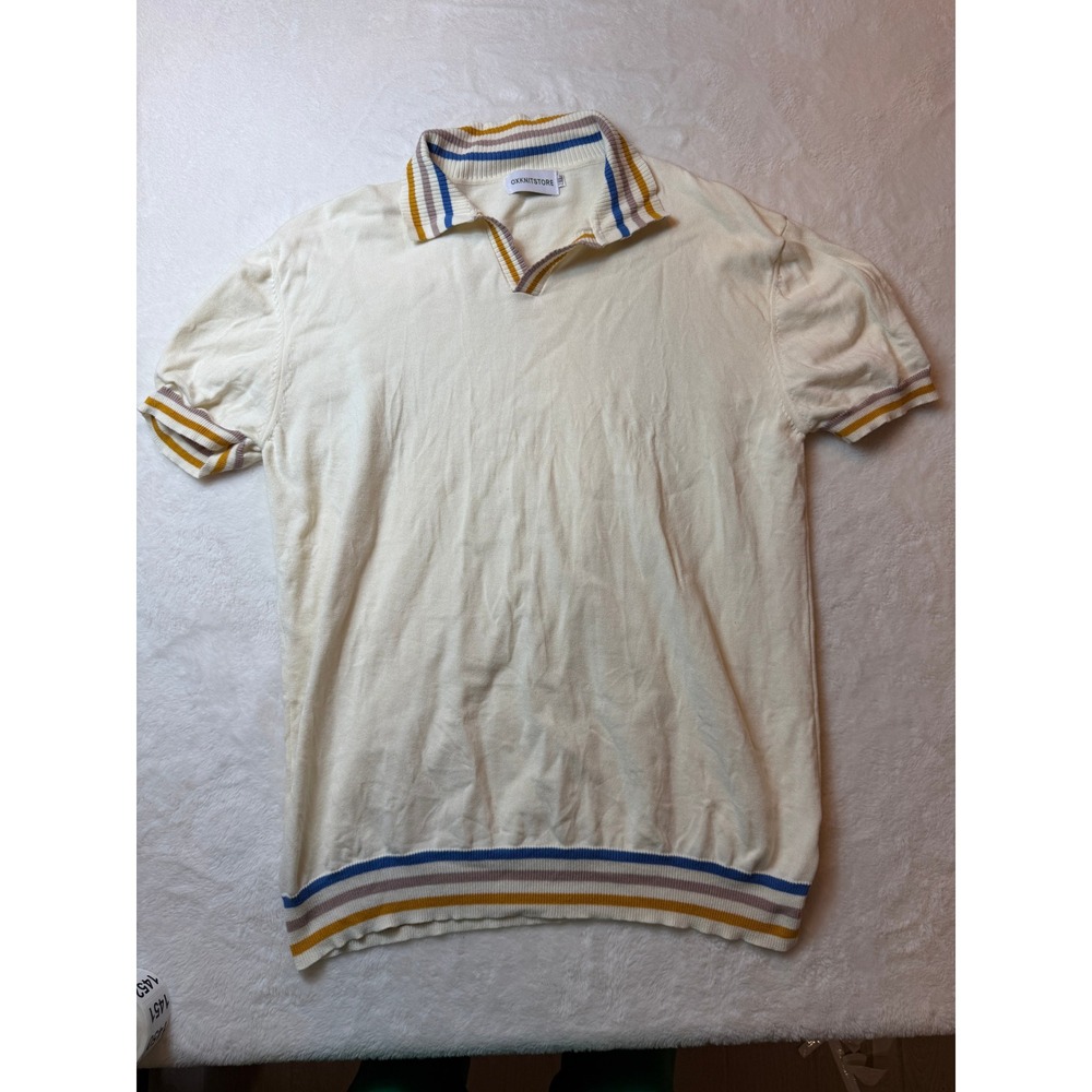 OXKNITSTORE Mens 2XL Cream Knit Open Collar Polo Blue Mustard Striped Trim